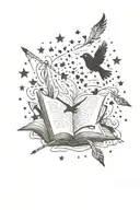 open book with stars around it, with a bow and arrow,  hearts coming out with a crow tattoo design idea