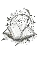 open book with stars around it, with a bow and arrow,  hearts coming out with a crow tattoo design idea