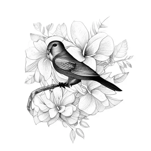 A delicate bird resting on a branch of tropical flowers and leaves tattoo design idea