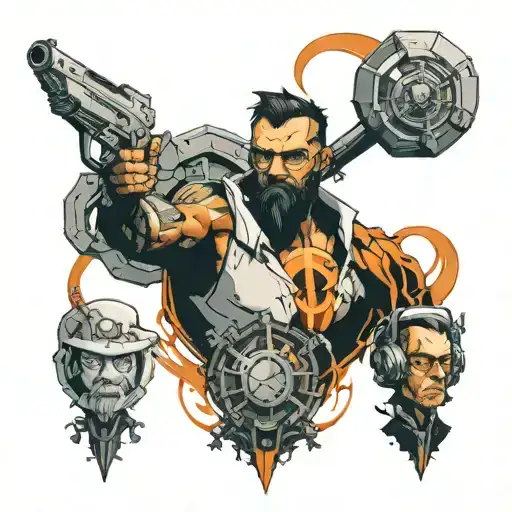 full-arm tattoo with characters from the game Portal and Half Life tattoo design idea