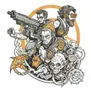 full-arm tattoo with characters from the game Portal and Half Life tattoo design idea