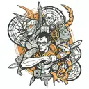 full-arm tattoo with characters from the game Portal and Half Life tattoo design idea