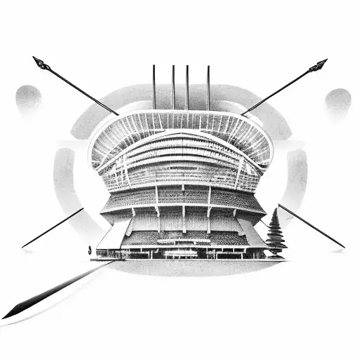 A sports stadium with a sabre integrated into the architecture, symbolizing the client's passion for sports and their favorite weapon tattoo design idea