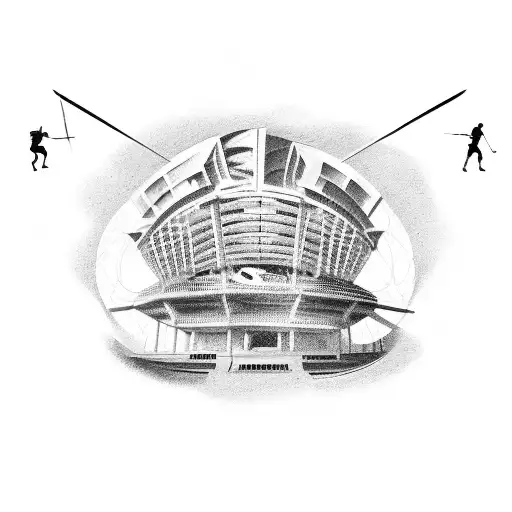 A sports stadium with a sabre integrated into the architecture, symbolizing the client's passion for sports and their favorite weapon tattoo design idea