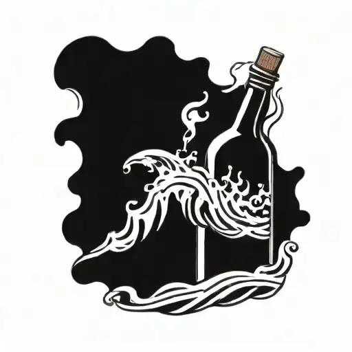An alcohol bottle engulfed in flames with a crashing wave in the background tattoo design idea
