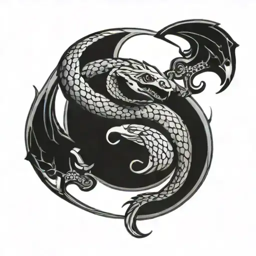 yin yang symbol pierced by Sword which is wrapped around by a snake tattoo design idea