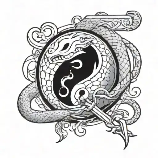 yin yang with sword wrapper with snake wrapped tattoo design idea