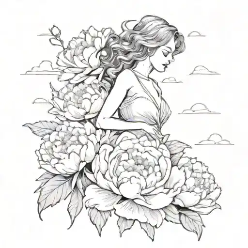 A woman emerging from a dark, stormy cloud into a field of blooming peonies, symbolizing growth and resilience tattoo design idea