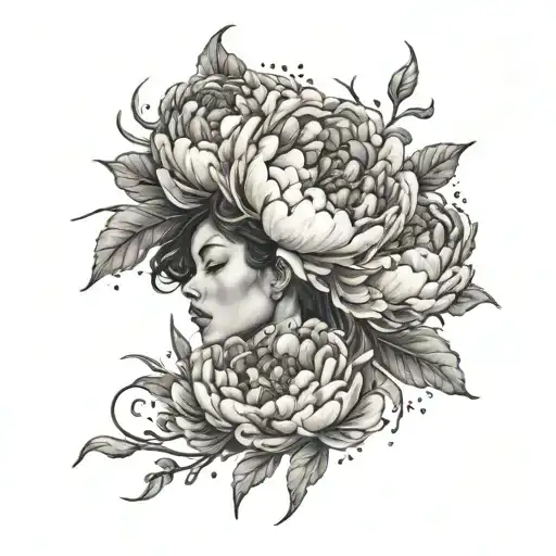 A woman emerging from a dark, stormy cloud into a field of blooming peonies, symbolizing growth and resilience tattoo design idea