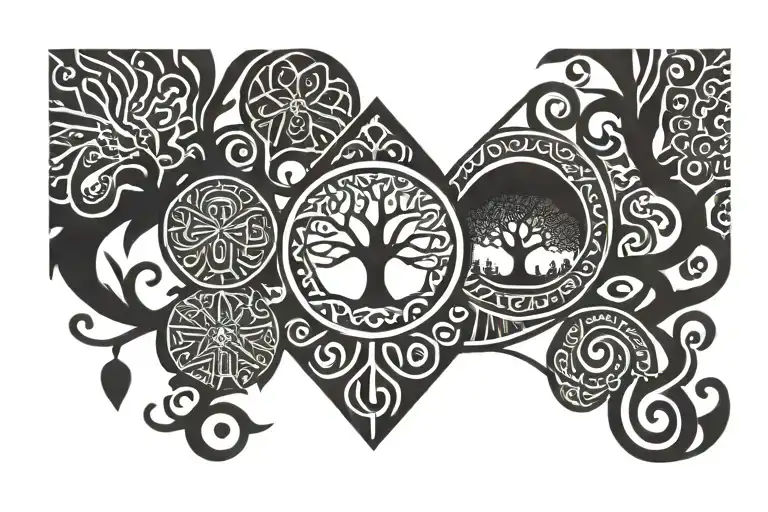 a bracelet on the right forearm in Polynesian style with a tree of life in the center tattoo design idea
