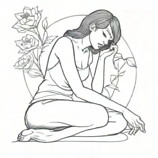 girl sitting in a flower bud tattoo design idea
