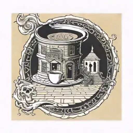 stamp, quarter, coffee mug with yellow brick road tattoo design idea