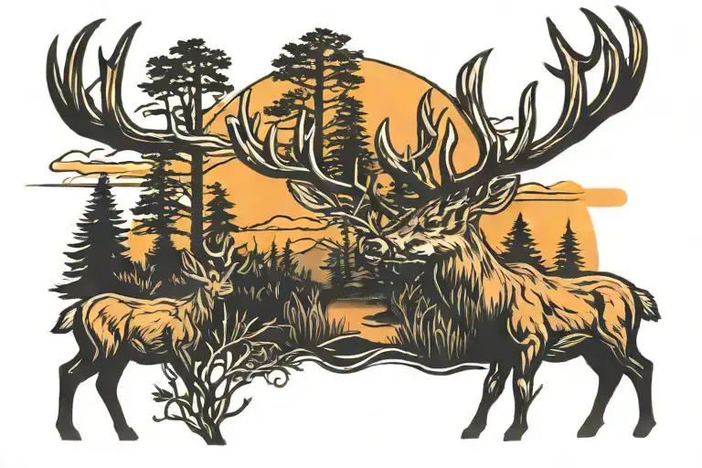 buck deer sunset skyline tattoo design idea