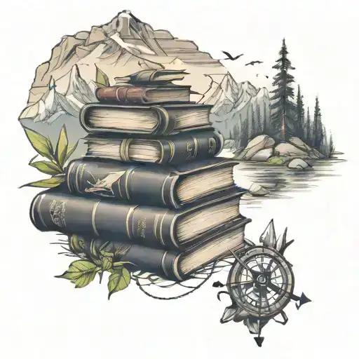 A stack of books intertwined with hiking trails leading up a mountain, with compasses and lilies scattered throughout tattoo design idea