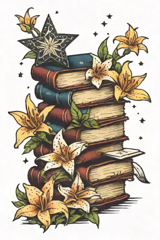 stack of books sorounded by lilies and a stars  tattoo design idea
