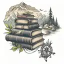 A stack of books intertwined with hiking trails leading up a mountain, with compasses and lilies scattered throughout tattoo design idea
