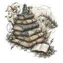 A stack of books intertwined with hiking trails leading up a mountain, with compasses and lilies scattered throughout tattoo design idea