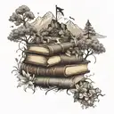 A stack of books intertwined with hiking trails leading up a mountain, with compasses and lilies scattered throughout tattoo design idea