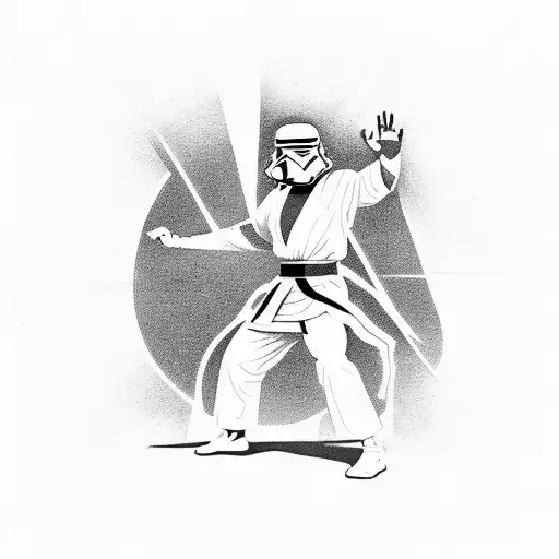A black-grey tattoo of a Jedi master practicing kravmaga, blending the client's love for Star Wars and martial arts tattoo design idea