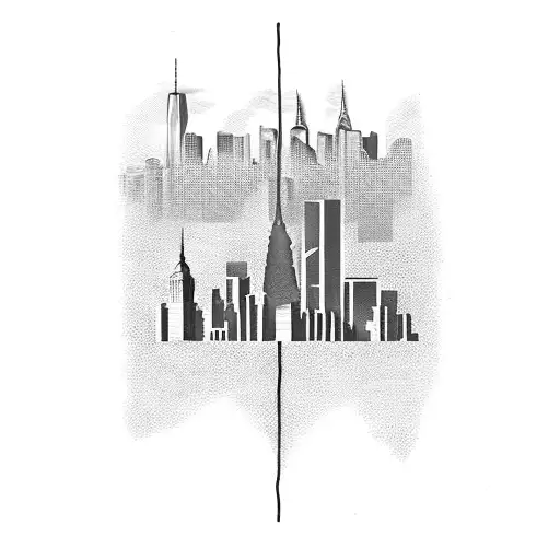 A dotwork tattoo of the NYC skyline with the words 'Africa' and 'Nigeria' subtly integrated into the buildings tattoo design idea