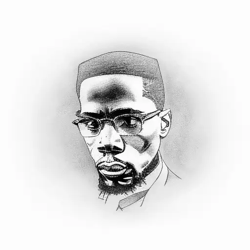 A black-grey tattoo showcasing the iconic image of Malcolm X with a powerful Quran quote incorporated into the background tattoo design idea