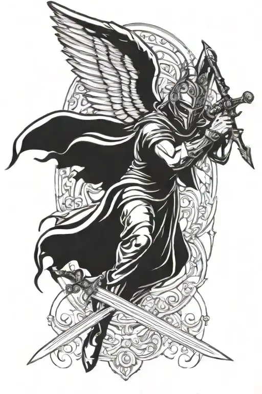 masculine christian guardian angel with a mask on holding a sword, using abstract style tattoo tattoo design idea
