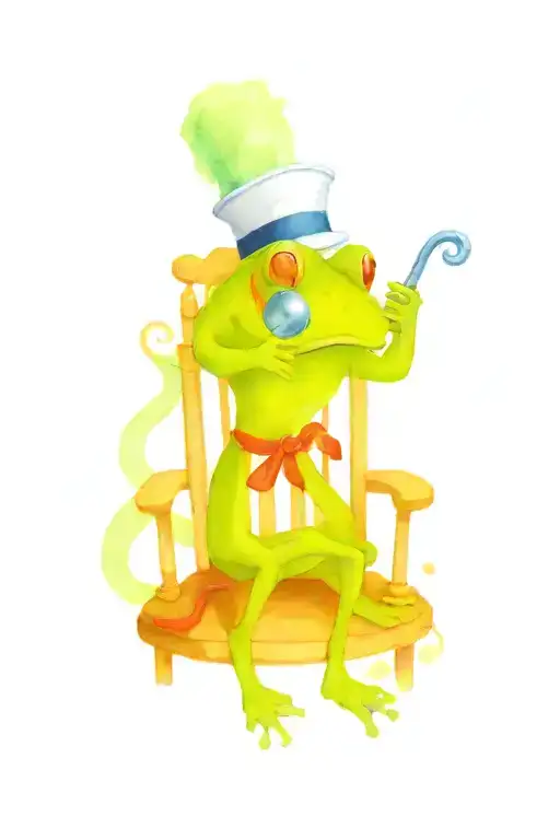 a frog in a sailor hat smoking a pipe on a rocking chair and a dragon is formed from the pipe smoke tattoo design idea