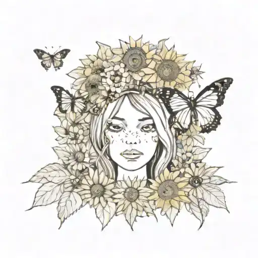 a butterfly with sunflowers behind her, unique, boho and hippie details and maybe peace sign, flowers or leafs hanging  tattoo design idea