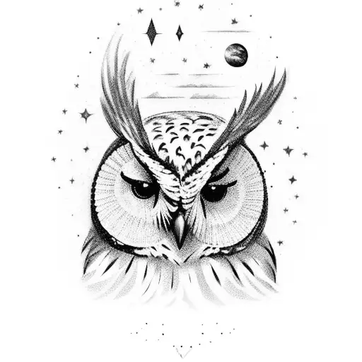 A majestic owl perched on a stack of Harry Potter books, with stars and galaxies in the background tattoo design idea