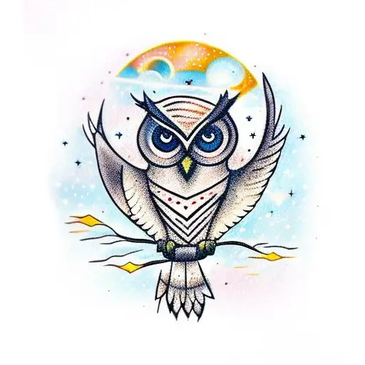 A majestic owl perched on a stack of Harry Potter books, with stars and galaxies in the background tattoo design idea