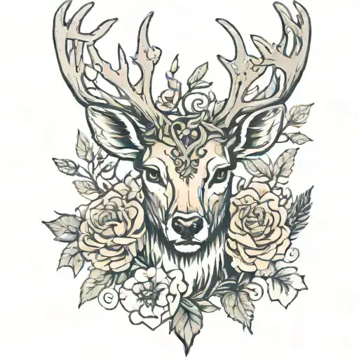 A tattoo that includes the antlers of a deer, the face of a blindfolded woman and the legend "Black stars wi tattoo design idea