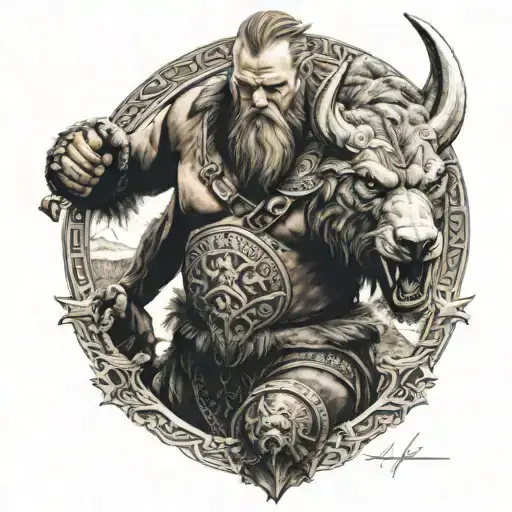 Viking in a bear skin beast, in front of the gates to Valhalla tattoo design idea