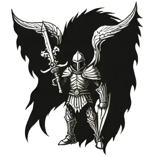 a knight holding a sword and has one demon wing and one angel wing  tattoo design idea
