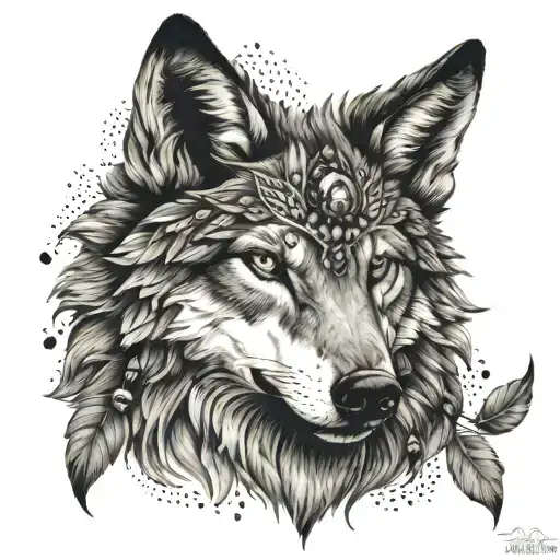 wolf with beads and feathers in her hair surrounded by Black Forest tattoo design idea