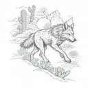 A sketch tattoo of a wolf running through a forest of cacti in the desert tattoo design idea