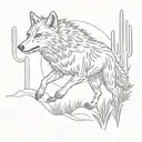 A sketch tattoo of a wolf running through a forest of cacti in the desert tattoo design idea