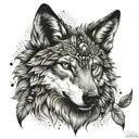 wolf with beads and feathers in her hair surrounded by Black Forest tattoo design idea
