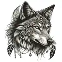 wolf with beads and feathers in her hair surrounded by Black Forest tattoo design idea