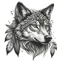 wolf with beads and feathers in her hair surrounded by Black Forest tattoo design idea