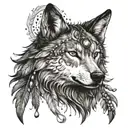wolf with beads and feathers in her hair surrounded by Black Forest tattoo design idea
