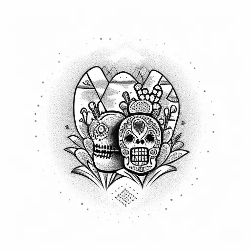 Day of the Dead inspired landscape with cacti and sugar skulls tattoo design idea
