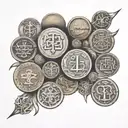 A tattoo design featuring a collection of antique coins and brass items intertwined with intricate blackwork designs tattoo design idea