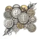 A tattoo design featuring a collection of antique coins and brass items intertwined with intricate blackwork designs tattoo design idea