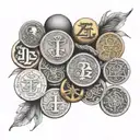 A tattoo design featuring a collection of antique coins and brass items intertwined with intricate blackwork designs tattoo design idea