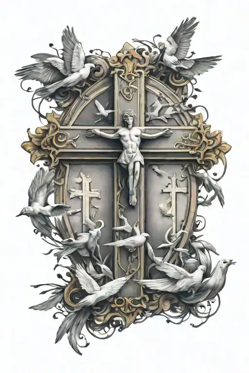 big cross surrounded by doves flying with silhouette of a guy looking up  tattoo design idea