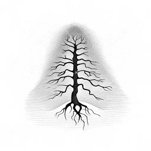 A stack of books forming a tree with roots spreading outwards tattoo design idea