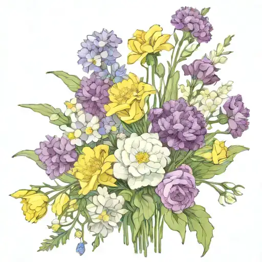 Bouquet with one violet, one narcissus, one carnation, one chrysanthemum, one poppy, one daisy  tattoo design idea