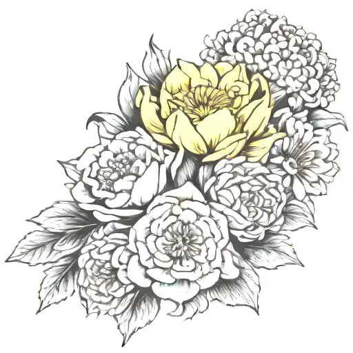 Bouquet with one violet, one narcissus, one carnation, one chrysanthemum, one poppy, one daisy  tattoo design idea