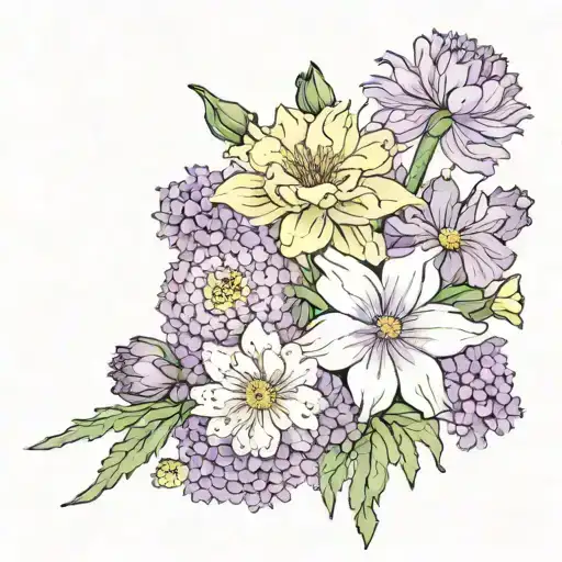 Bouquet with one violet, one narcissus, one carnation, one chrysanthemum, one poppy, one daisy  tattoo design idea