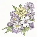 Bouquet with one violet, one narcissus, one carnation, one chrysanthemum, one poppy, one daisy  tattoo design idea